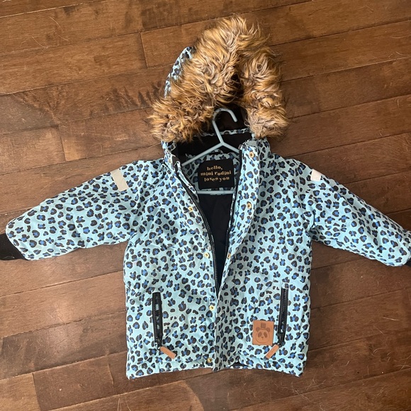 Mini Rodini Blue Leopard Kids Puffer Jacket with Faux Fur Hood - Picture 2 of 6